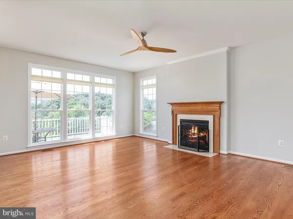wooden floor fireplace and windows in an empty room