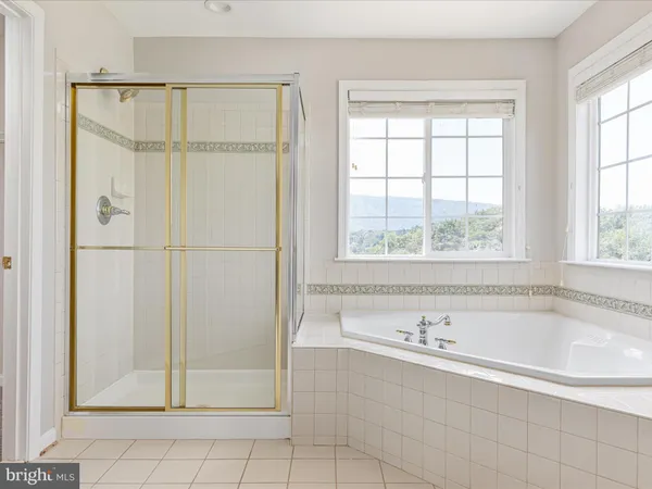 a spacious bathroom with a double vanity sink a large mirror and a bathtub with shower
