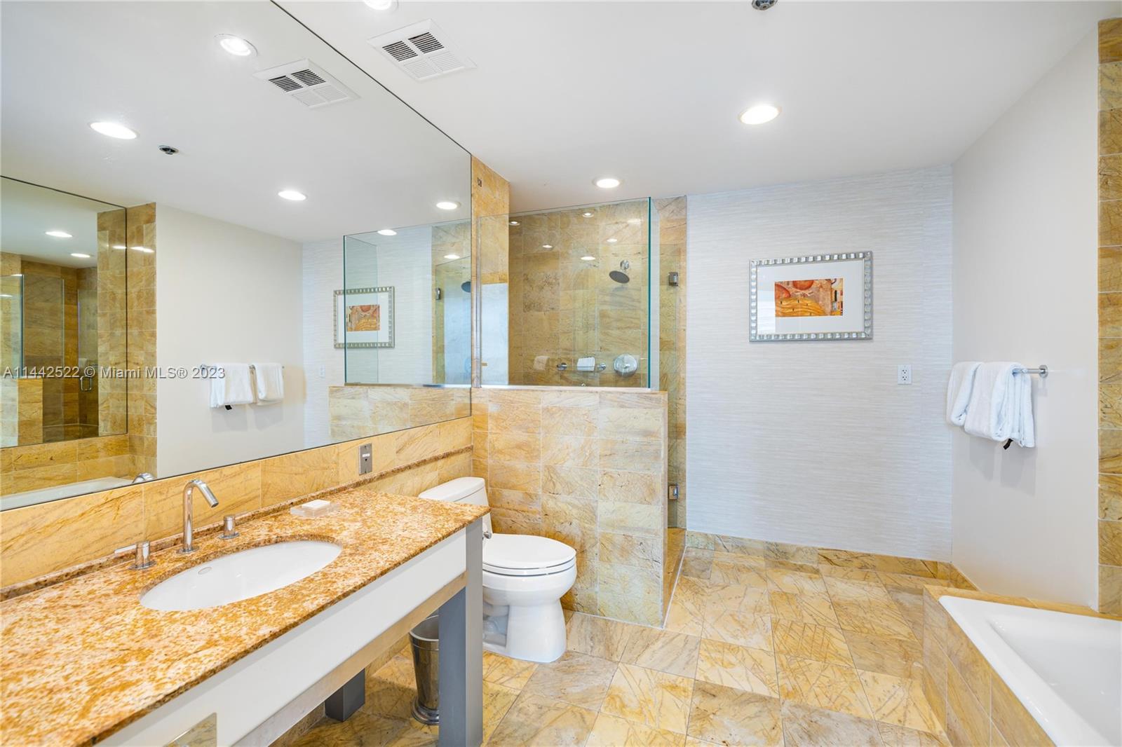 1395 Brickell Avenue, Unit 3205 Miami, FL 33131 - Photo 15 of 18 a bathroom with a granite countertop sink a toilet a mirror and shower