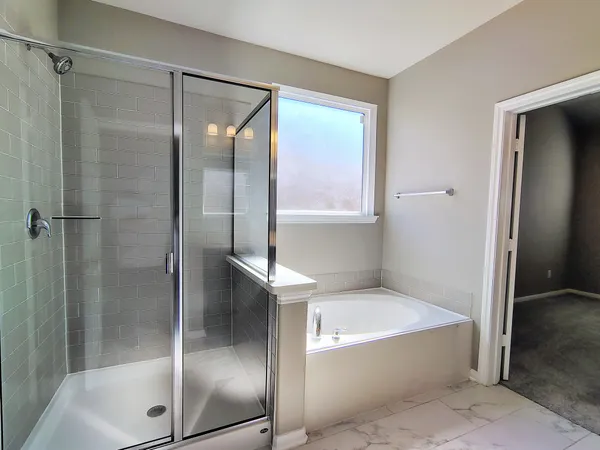 a bathroom with a bathtub and a shower