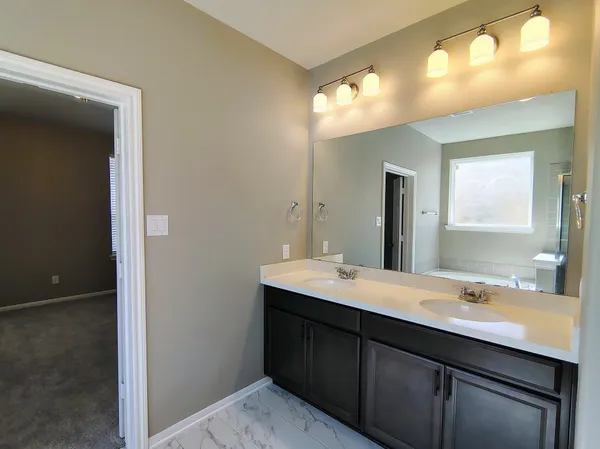 a bathroom with a double vanity sink and a mirror