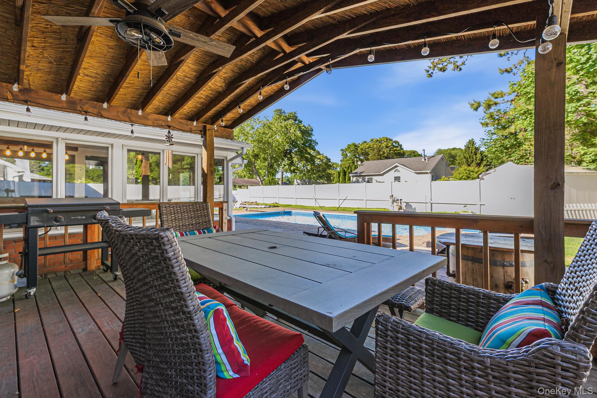 33 Lillian Road Nesconset, NY 11767 - Photo 37 of 42 Off Of The Dining Room & Overlooking The Saltwater In Ground Pool Is A Fantastic Covered Deck With Electric & A Ceiling Fan...Perfect For Outdoor Entertaining And Barbequing!