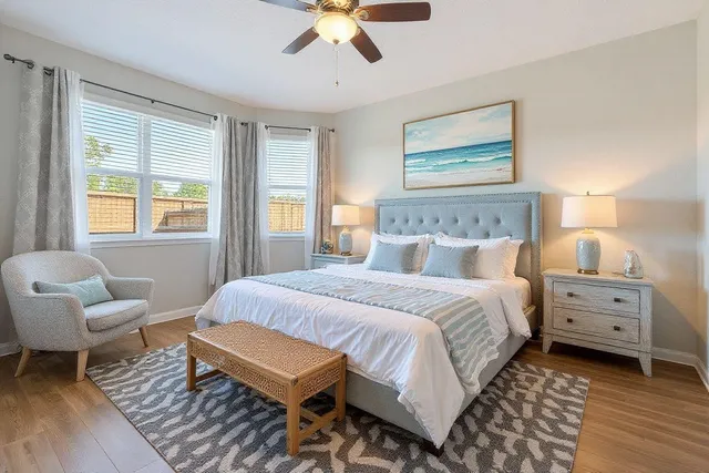 a bedroom with a bed and a couch