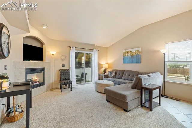 a living room with furniture a fireplace and a flat screen tv
