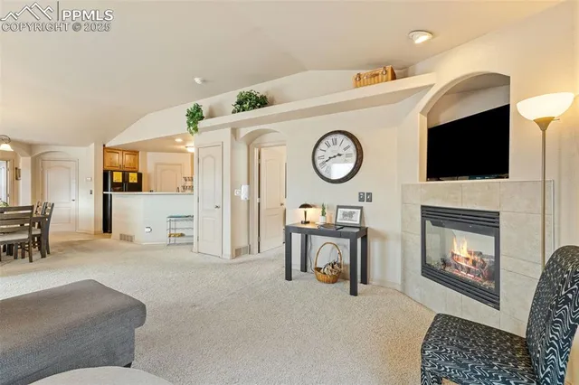 a living room with furniture a fireplace and a flat screen tv