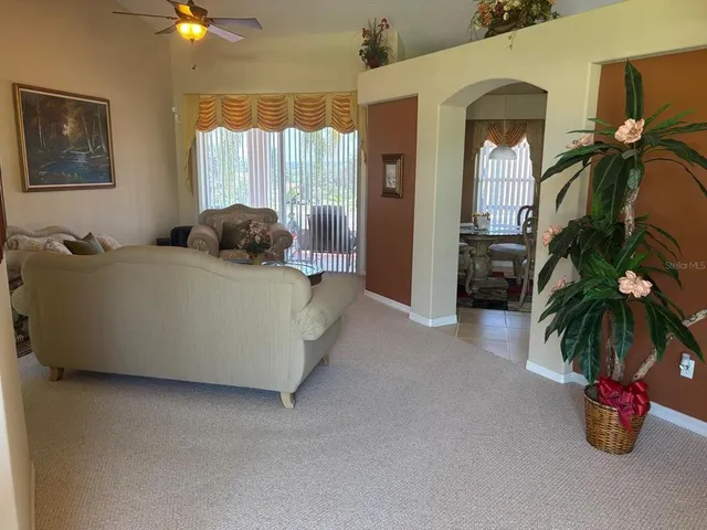 a living room with furniture and a potted plant