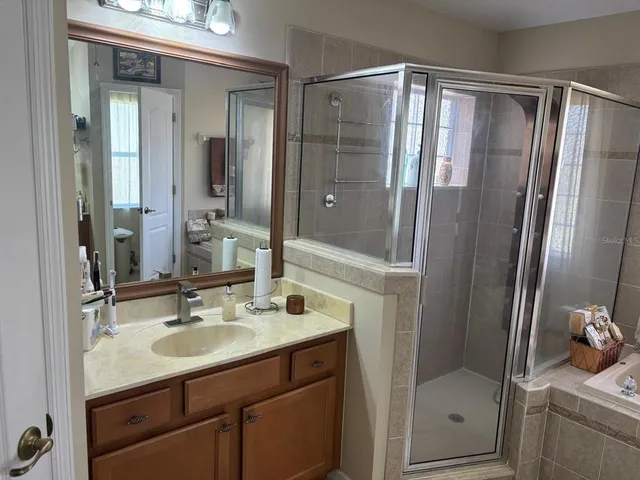 a bathroom with a shower sink vanity and mirror