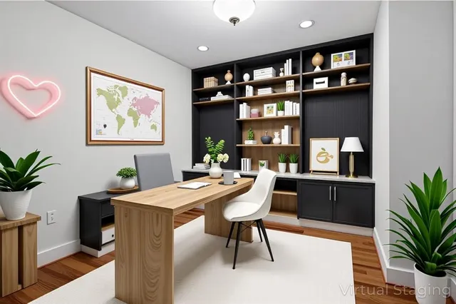 a view of a workspace with furniture and a potted plant