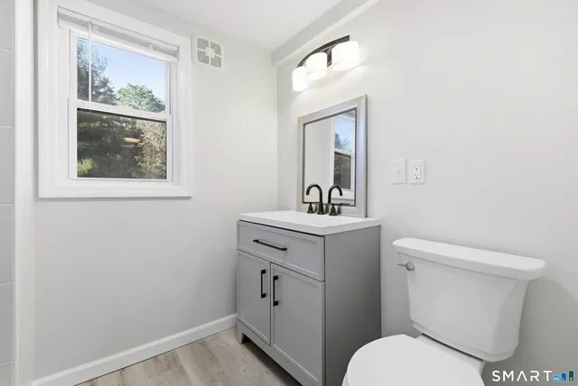 a bathroom with a toilet a sink and mirror