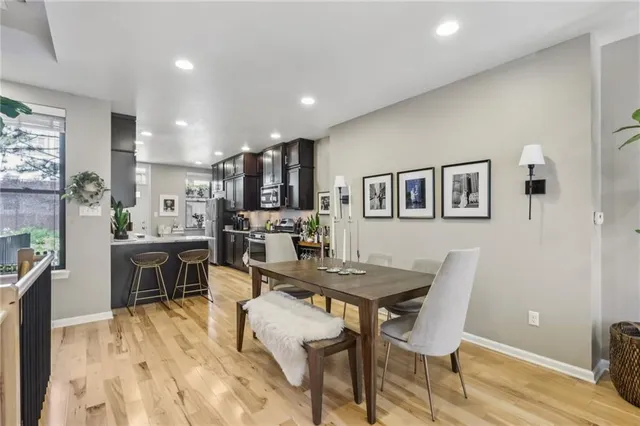 a view of a dining room with furniture