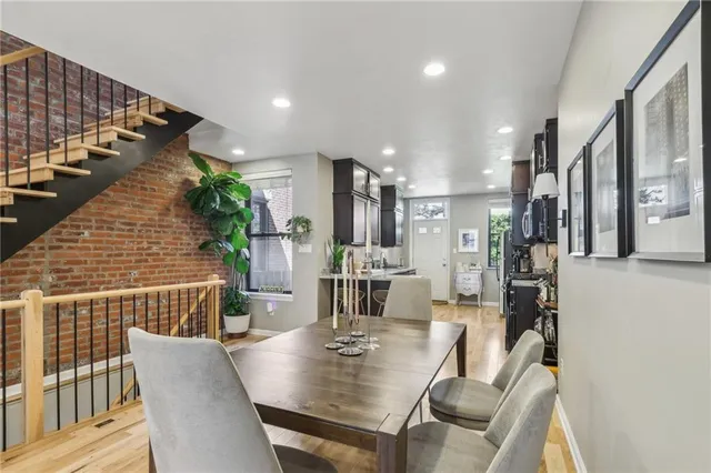 a view of a dining room with furniture