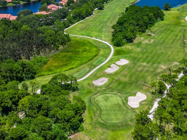 an aerial view of a house with a yard and garden