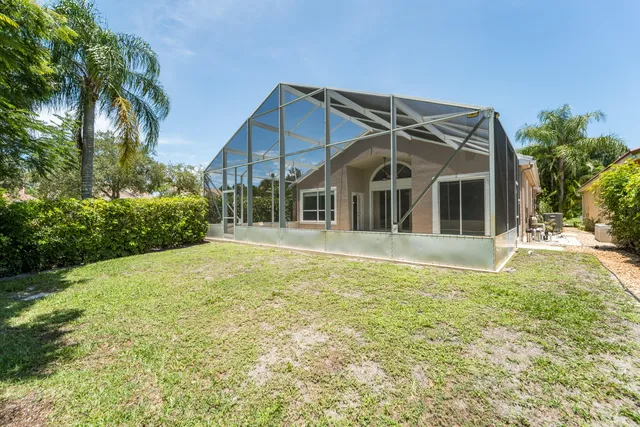a view of a back yard with potted plants and large tree