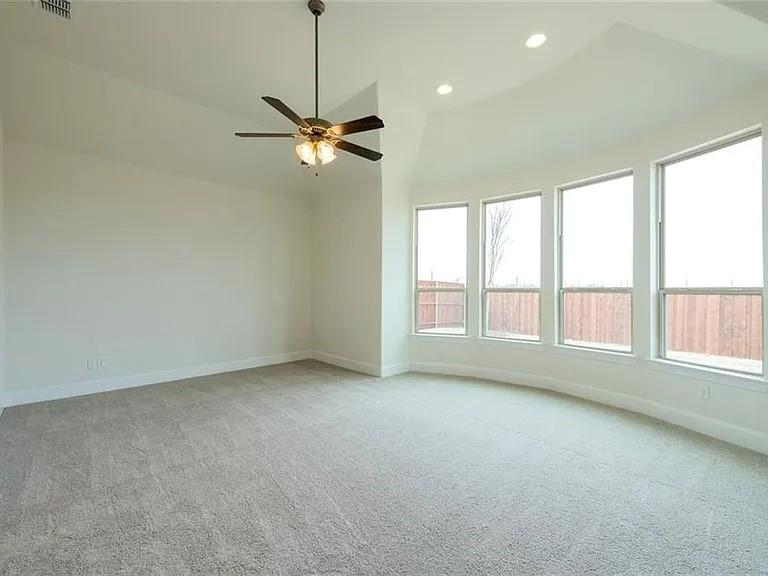 16138 Moonseed Road Frisco, TX 75033 - Photo 17 of 24 Unfurnished room with light carpet, a ceiling fan, recessed lighting, and lofted ceiling