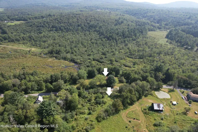 an aerial view of a house with a lush green forest