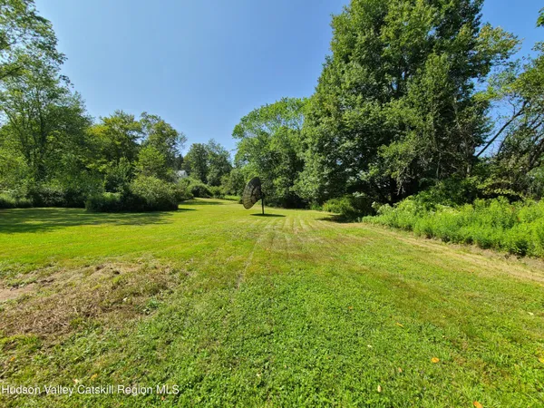 a view of a field with a trees in the background
