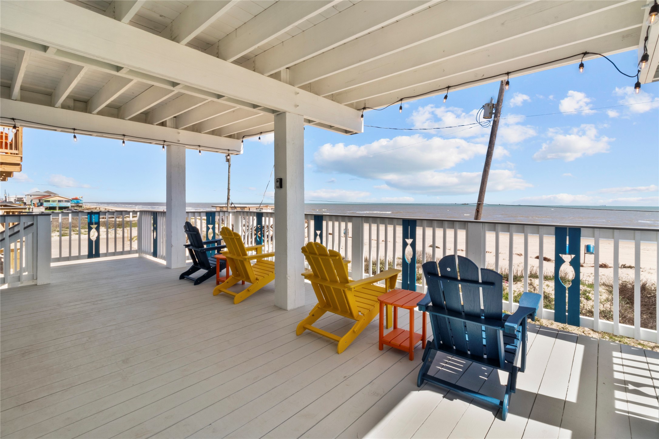 622 Fin Alley Surfside Beach, TX 77541 - Photo 19 of 33 Listen and watch the waves under the BEACHFRONT 1st floor covered balcony. Upgraded painted decking and TREX handrails. Notice the ambience string lights above wired to a switch inside the front door for ease of use.