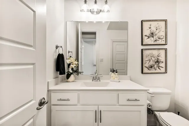 a bathroom with a sink vanity and toilet