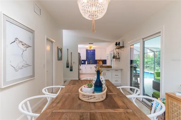 a view of a dining room with furniture