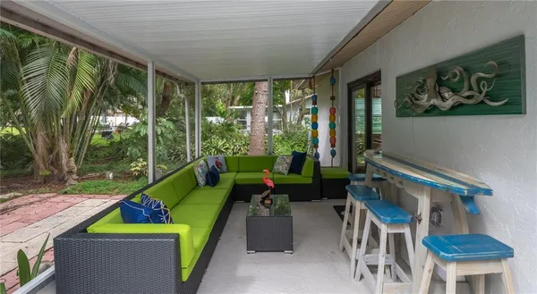 a building outdoor space with furniture and garden view