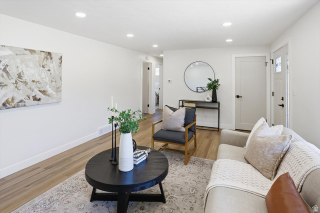 810 East Maple Street Mapleton, UT 84664 - Photo 6 of 49 Bright living space featuring recessed lighting, wood-finish flooring, a modern front entry door with glass panels, a solid interior door with black hardware, and crisp white baseboards