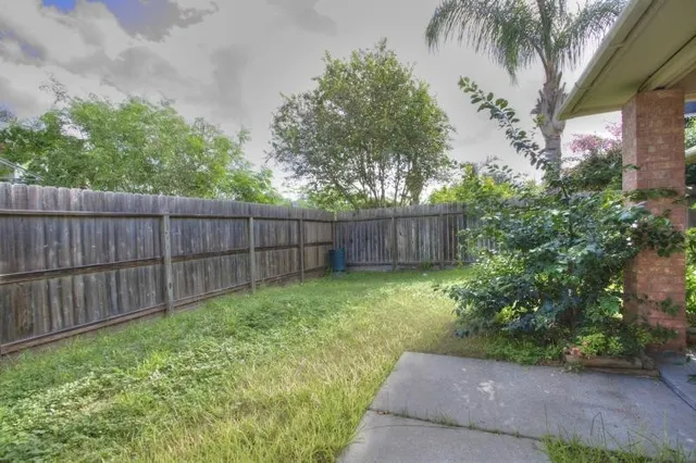 a view of a backyard with large trees and wooden fence