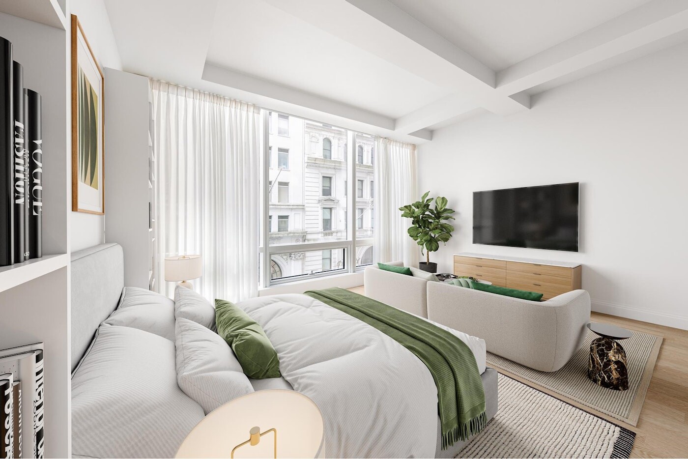 1 Wall Street, Unit 607 Manhattan, NY 10005 - Photo 4 of 14 a bedroom with a bed a couch and a flat screen tv