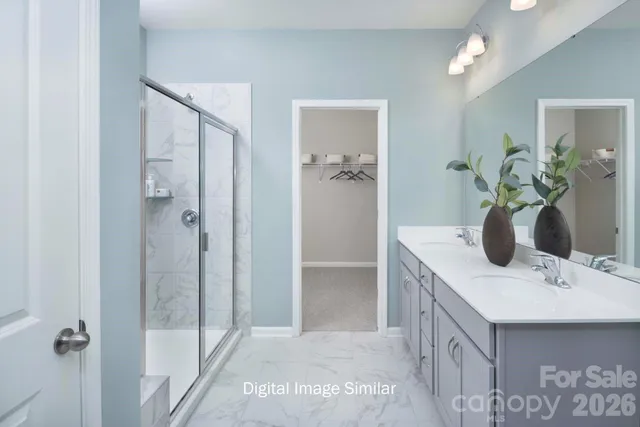 a bathroom with a sink a mirror and a shower