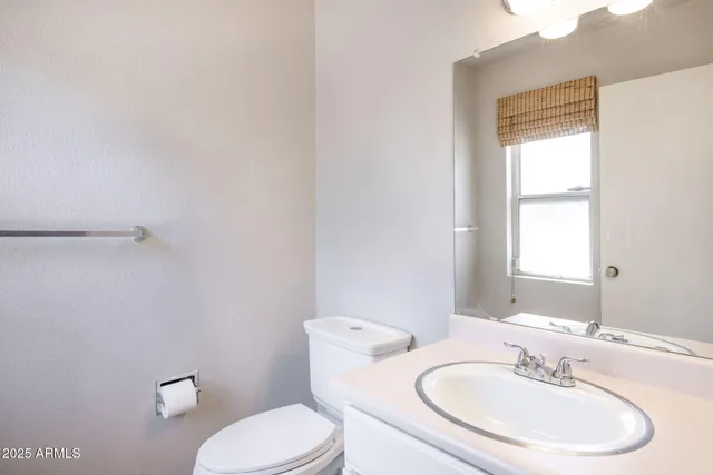 a bathroom with a sink a toilet and mirror