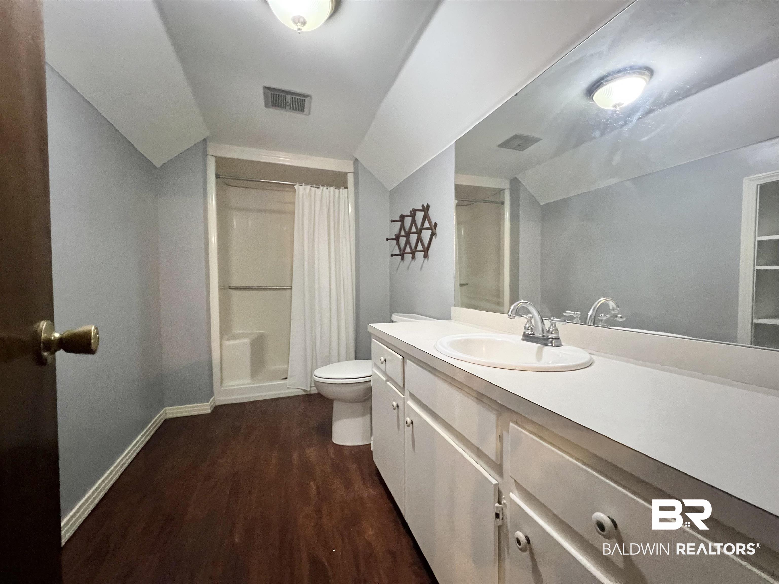 2691 Appleton Road Brewton, AL 36426 - Photo 35 of 60 Bathroom with dark wood-style flooring, vanity, a stall shower, and vaulted ceiling