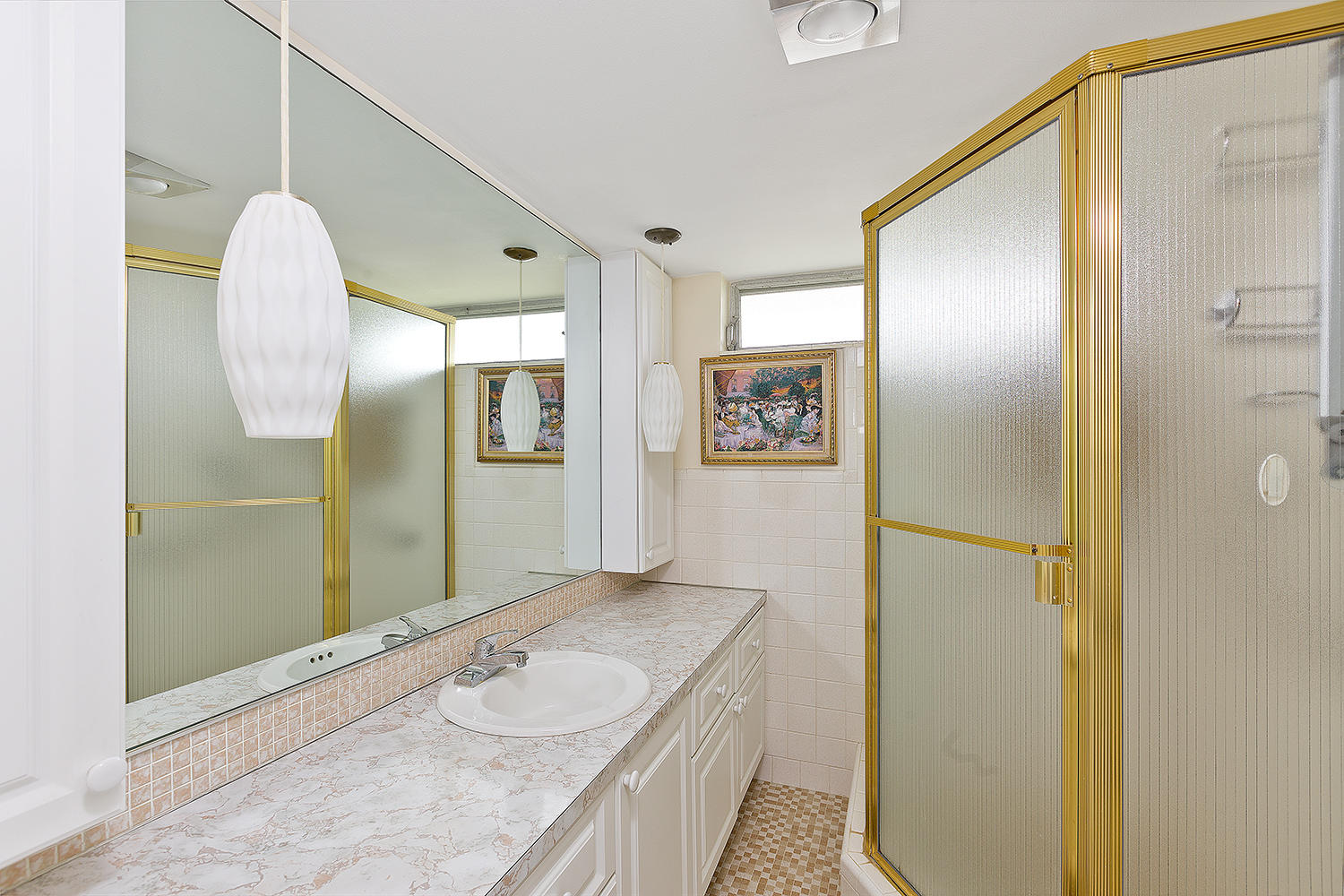 20 Southeast 13th Street, Unit C1 Boca Raton, FL 33432 - Photo 10 of 19 a bathroom with a granite countertop sink mirror and shower