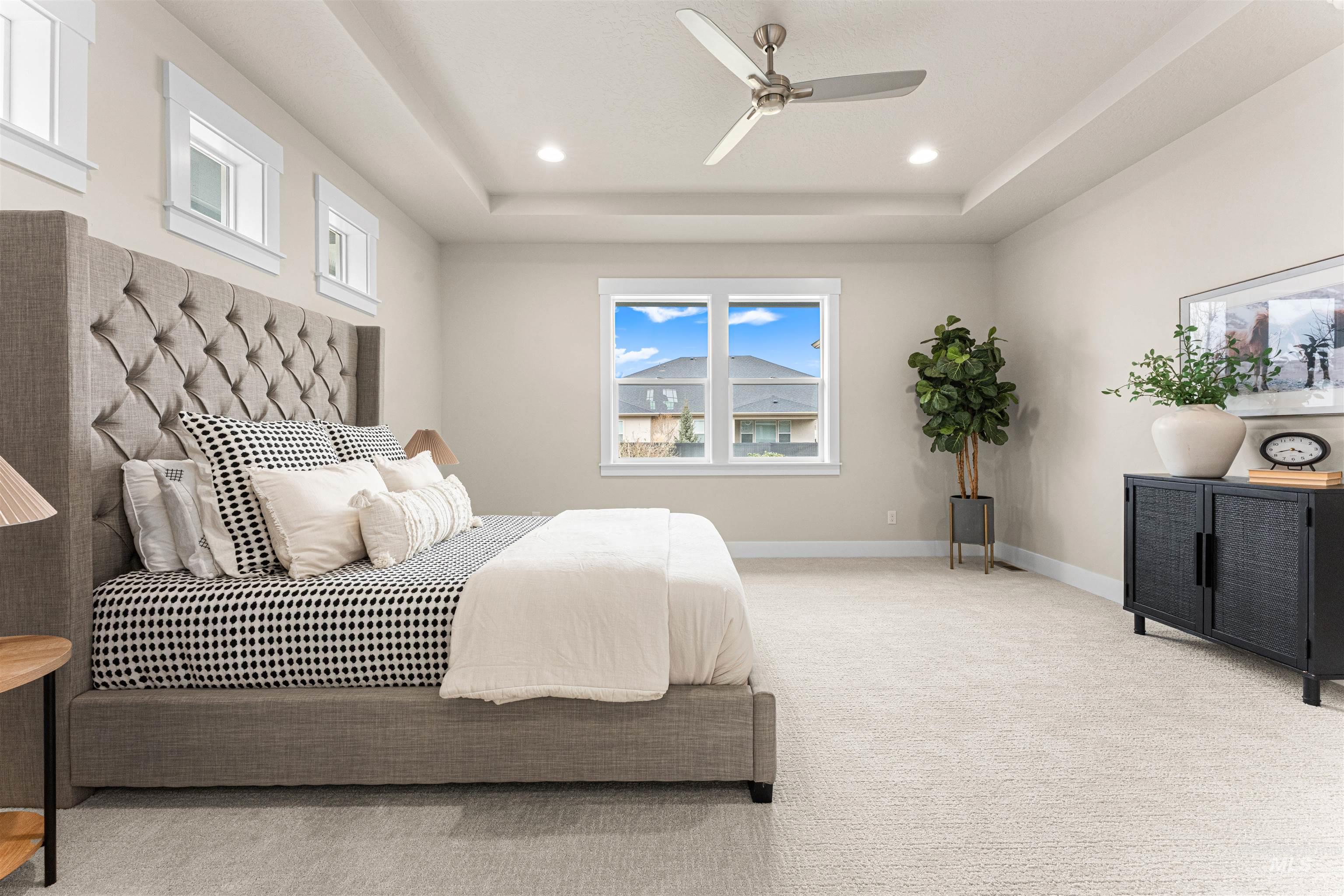 8078 Tandy Cv Street Middleton, ID 83644 - Photo 20 of 40 Carpeted bedroom featuring a raised ceiling, ceiling fan, and recessed lighting