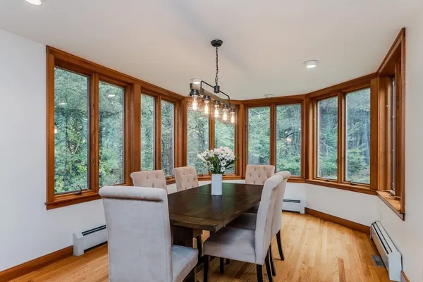 a dining room with furniture window wooden floor