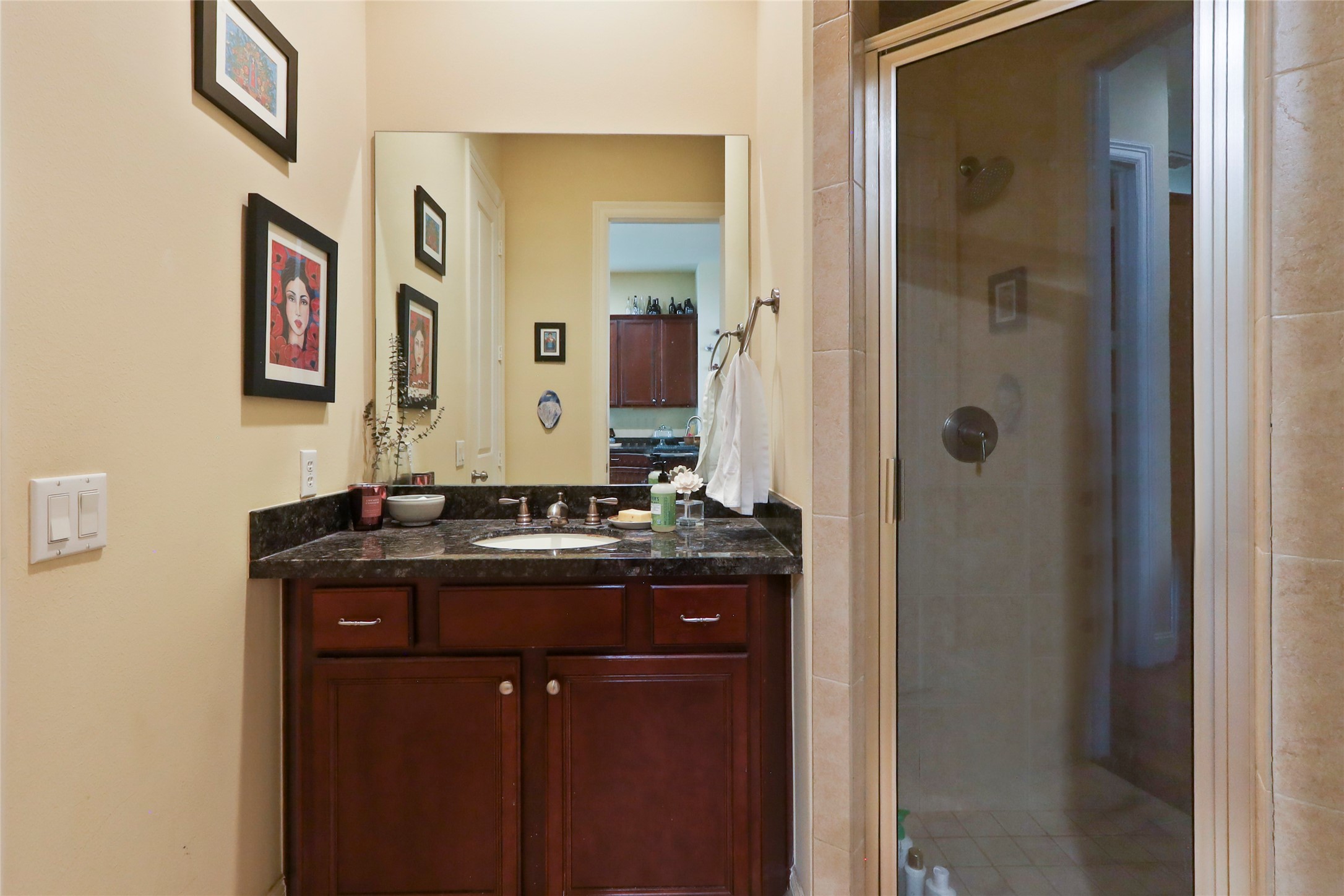1905 Summer Street Houston, TX 77007 - Photo 12 of 25 a bathroom with a granite countertop sink a mirror and a shower