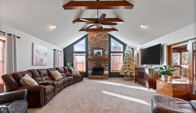 8995 Ridge Road Wooster, OH 44691 - Photo 20 of 50 Carpeted living area featuring beam ceiling, high vaulted ceiling, a fireplace, a ceiling fan, and recessed lighting