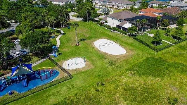 an aerial view of a house with a swimming pool