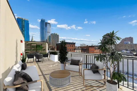 a building outdoor space with patio furniture