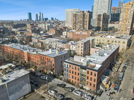 a city view with tall buildings
