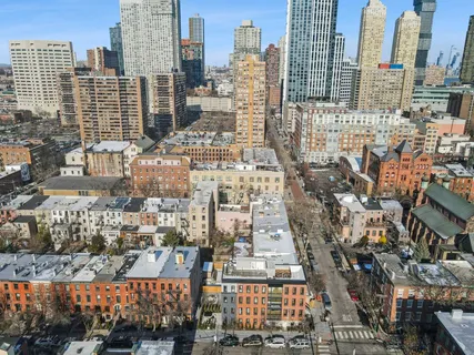 a city view with tall buildings