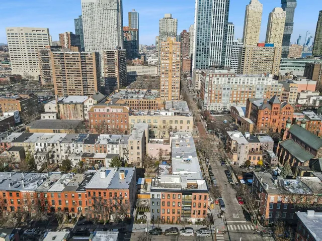 a city view with tall buildings