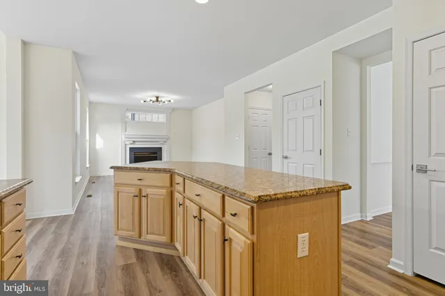 a kitchen with stainless steel appliances granite countertop a refrigerator a sink dishwasher and white cabinets with wooden floor