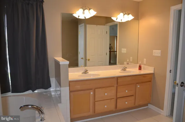 a bathroom with a double vanity sink and a mirror