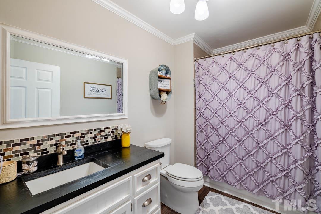 9622 Sawyer Road Rougemont, NC 27572 - Photo 25 of 34 a bathroom with a granite countertop sink and a toilet