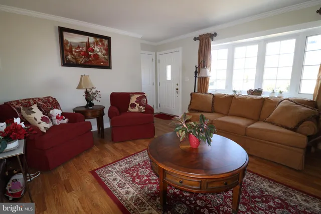 a living room with furniture a rug and a large window