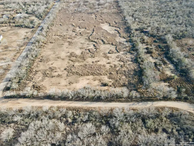 a view of dirt field and trees
