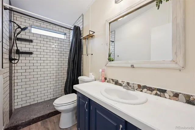 a bathroom with a sink toilet and shower