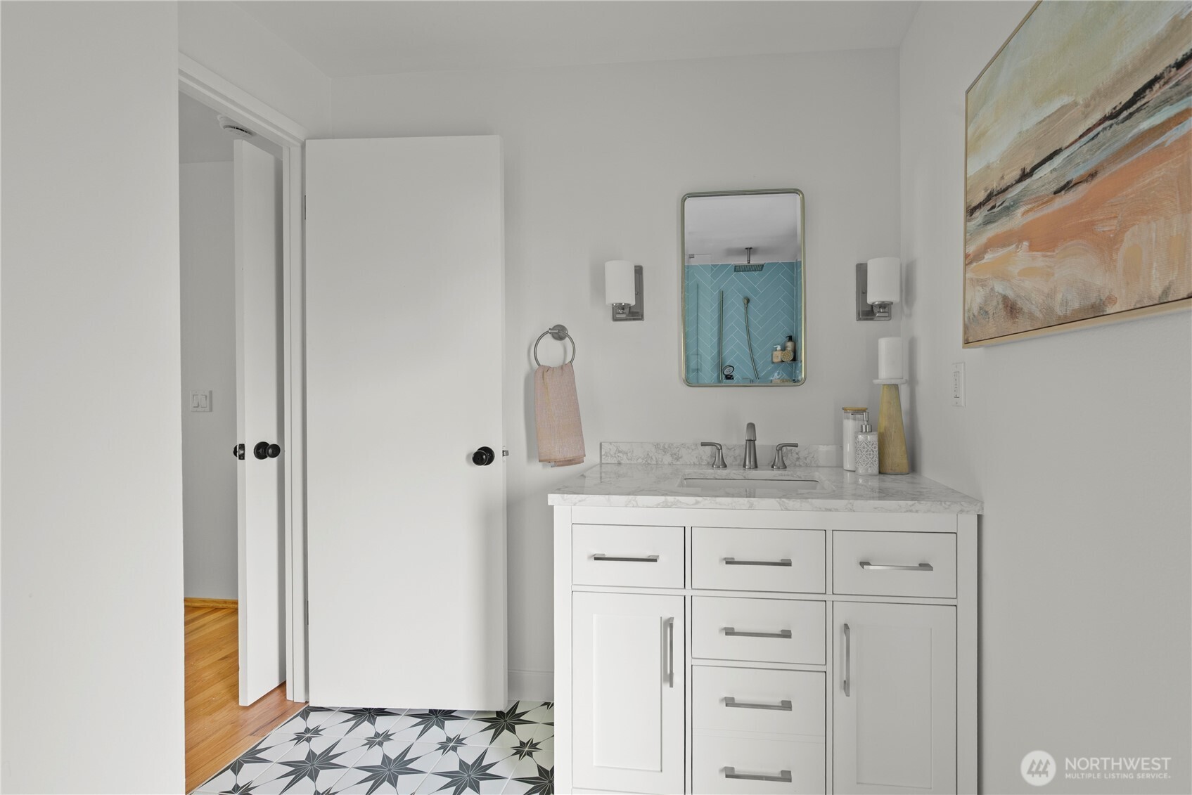 8732 209th Place Southwest Edmonds, WA 98026 - Photo 12 of 39 a bathroom with a granite countertop sink and a mirror