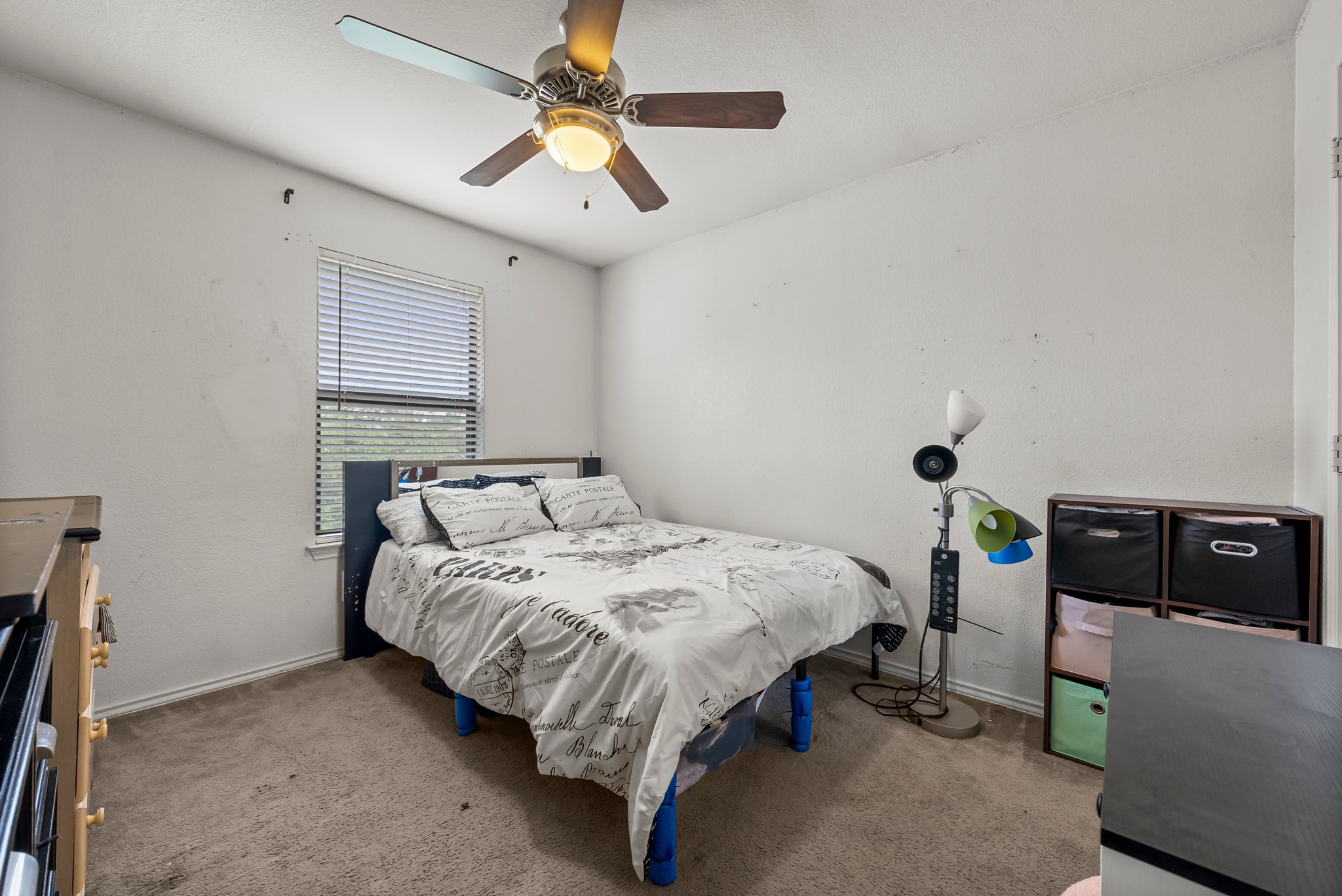 6829 Walkup Lane Austin, TX 78747 - Photo 14 of 18 A comfortable bedroom featuring a ceiling fan, a window, and soft carpet flooring.