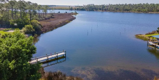 an aerial view of a house with a yard and lake view