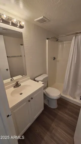 a bathroom with a sink mirror toilet and shower